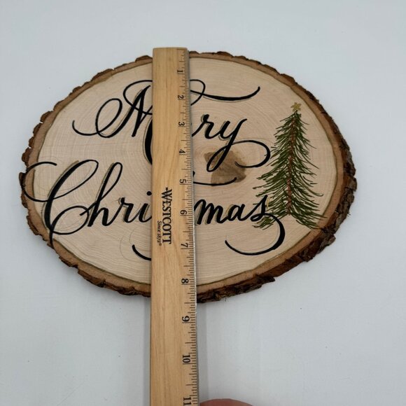 Natural hand cut wood slice hand painted with Merry. Christmas and Tree raw edge - Picture 10 of 10